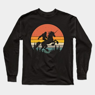 Bigfoot Riding Unicorn Horse Vintage Sunset Mythical Creatures Long Sleeve T-Shirt